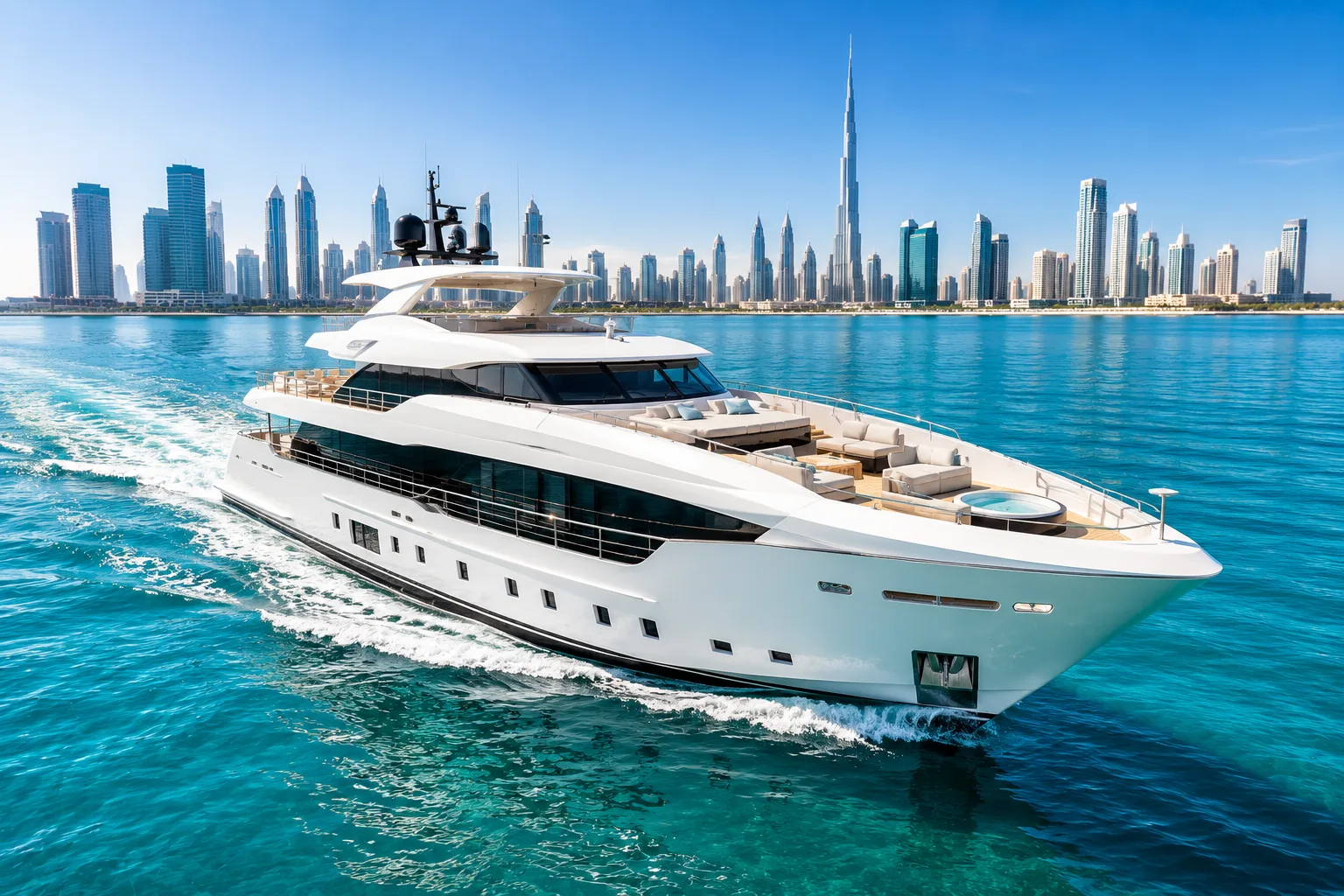 A white luxury motor yacht cruising turquoise water in front of a city skyline.