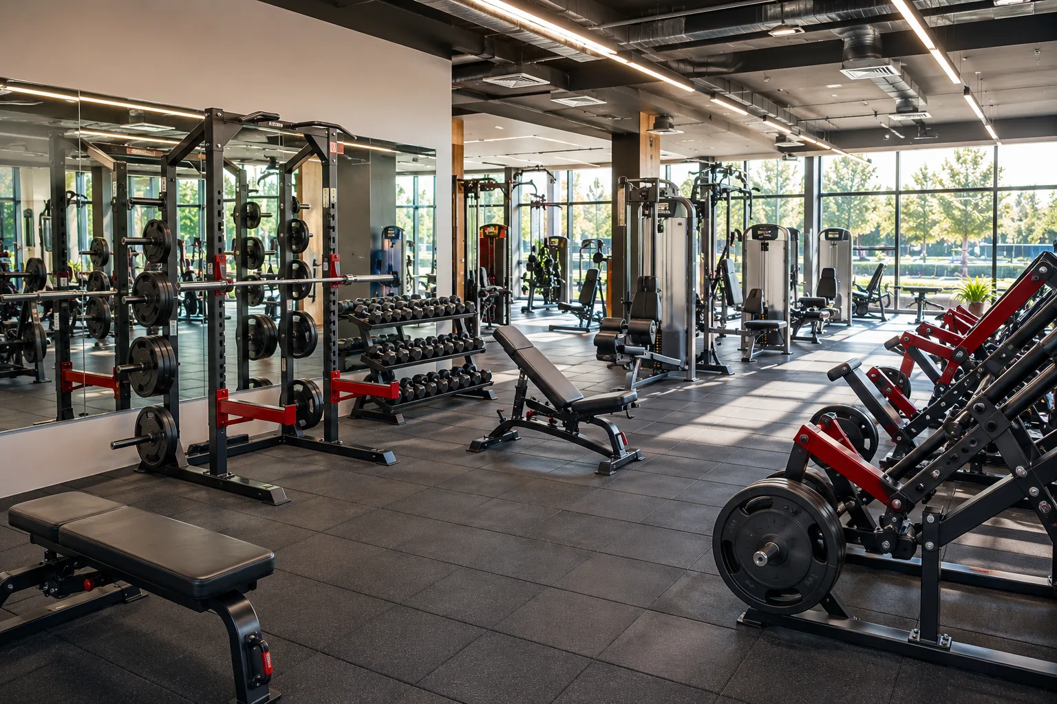 A spacious modern gym floor with weight racks, benches and machines along a window wall.